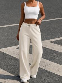 Women's Wide-Leg Cream-Colored Ribbed Trousers With Drawstring And Side Seam Details, Casual And Comfortable Style - White - View 4