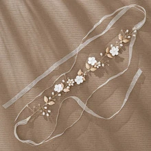 1pc Handmade Floral Bridal Hair Accessory With White Flowers And Gold Leaves, Adjustable Ribbon Wedding Headpiece Suitable For Brides And Bridesmaids, Bohemian Style Pearl Hair Accessory Suitable For Parties - Gold - View 5