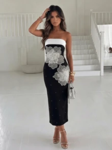 Women's Elegant Black Off-Shoulder Knit Formal Dress,Decorated With Floral Appliques And Pearl Embellishments, Suitable For Galas And Formal Occasions - Black and White - View 3