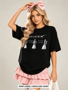Women's Summer Casual Soft Round Neck Short Sleeve T-Shirt,The Engine Evolution Print Graphic Suits Daily Looks In Spring And Summer.Black - Black - View 4