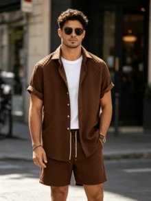 Men's Short-Sleeved Shirt And Jacquard Knit Shorts Set, Relaxed Style For Vacation, Hawaii Beach, Carnival, And Everyday Wear, Comfortable And A Great Gift - 棕色 - 查看 3