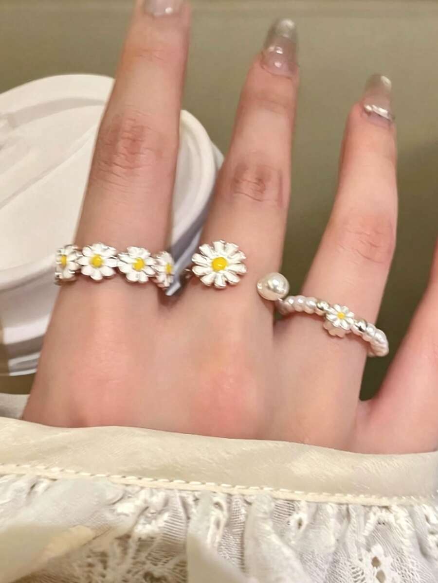 Juego de 3 piezas/Set de anillos ajustables con lazo minimalista y perlas, joyería delicada apilable, regalo de Halloween para novia y hermanas - Multicolor 3 - Ver 1