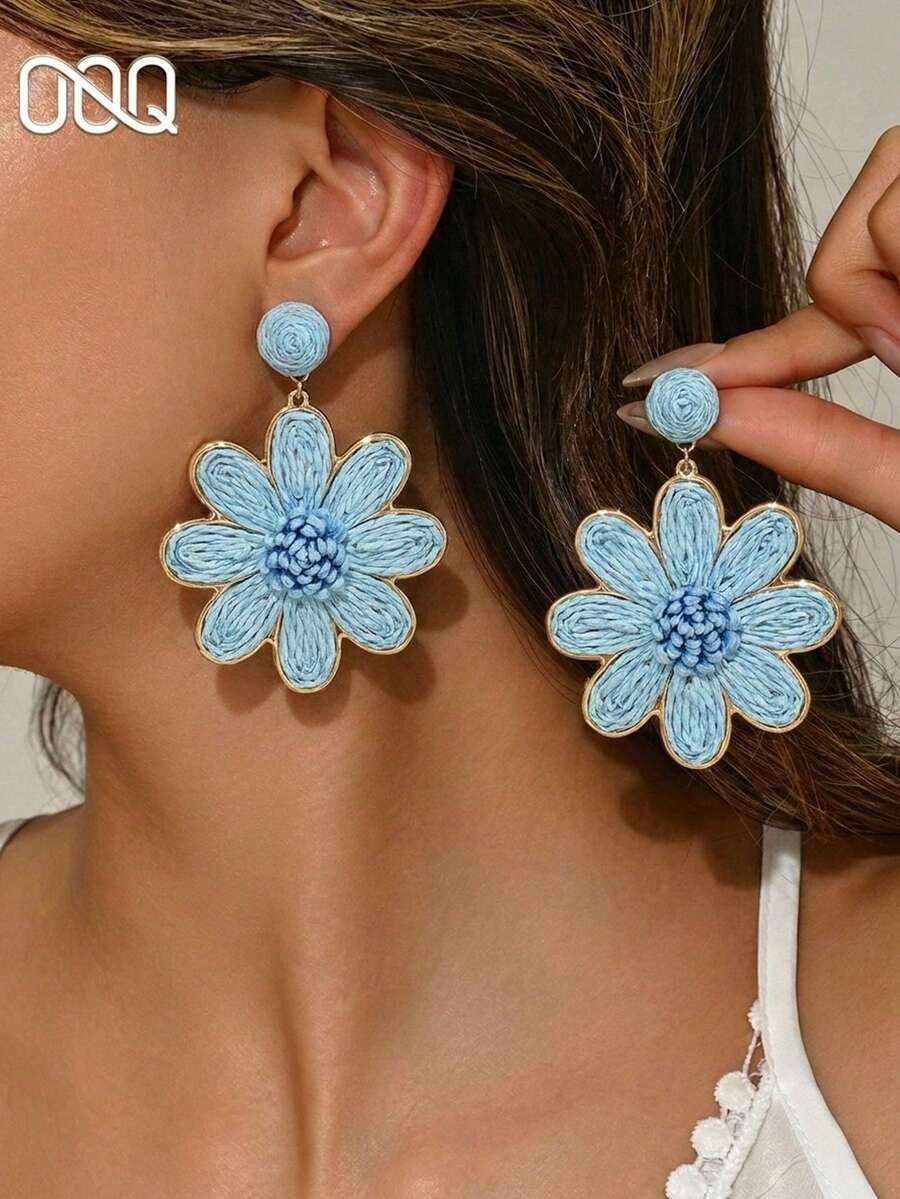 1 Pair Handmade Raffia Flower Earrings, Boho Beach Style, Sunflower Design, Fashion Earrings For Women, Suitable For Weddings, Parties, Holidays, Gifts For Lovers And Friends - Blue - View 1