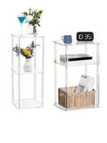 1 Set Mesa de almacenamiento pequeña de 2 niveles transparente de acrílico/Mesa de café pequeña - Blanco - Ver 3