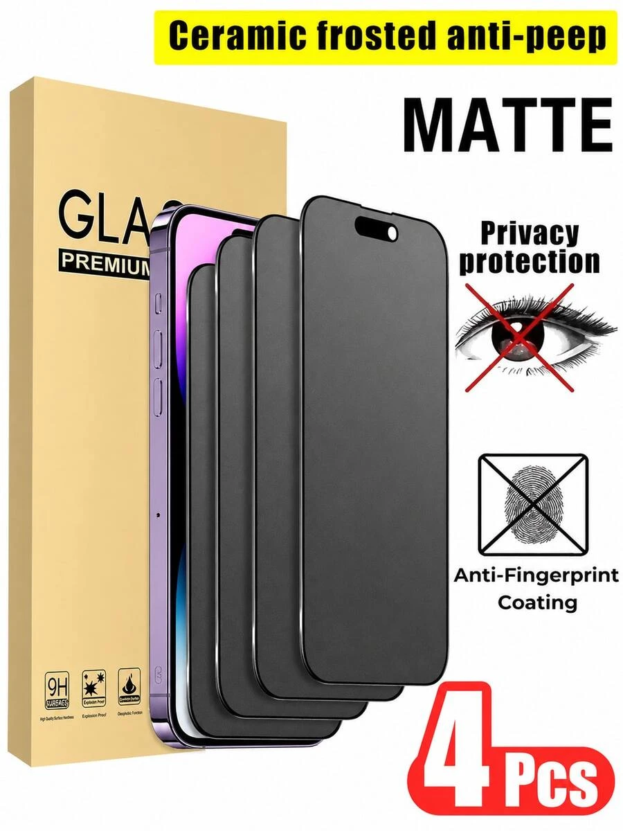 Kamyuurs 4 قطع واقي شاشة مطفي مضاد للتجسس، متوافق مع IPhone 16 17 Pro Max 17Air 16E 16 Plus 15 Pro Max 6.9 6.7 بوصة، فيلم سيراميك خصوصية مطفي، فيلم ناعم غير زجاجي، تغطية كاملة سيراميك خصوصية مطفي، مضاد للبصمات، مضاد للوهج، مضاد للتجسس