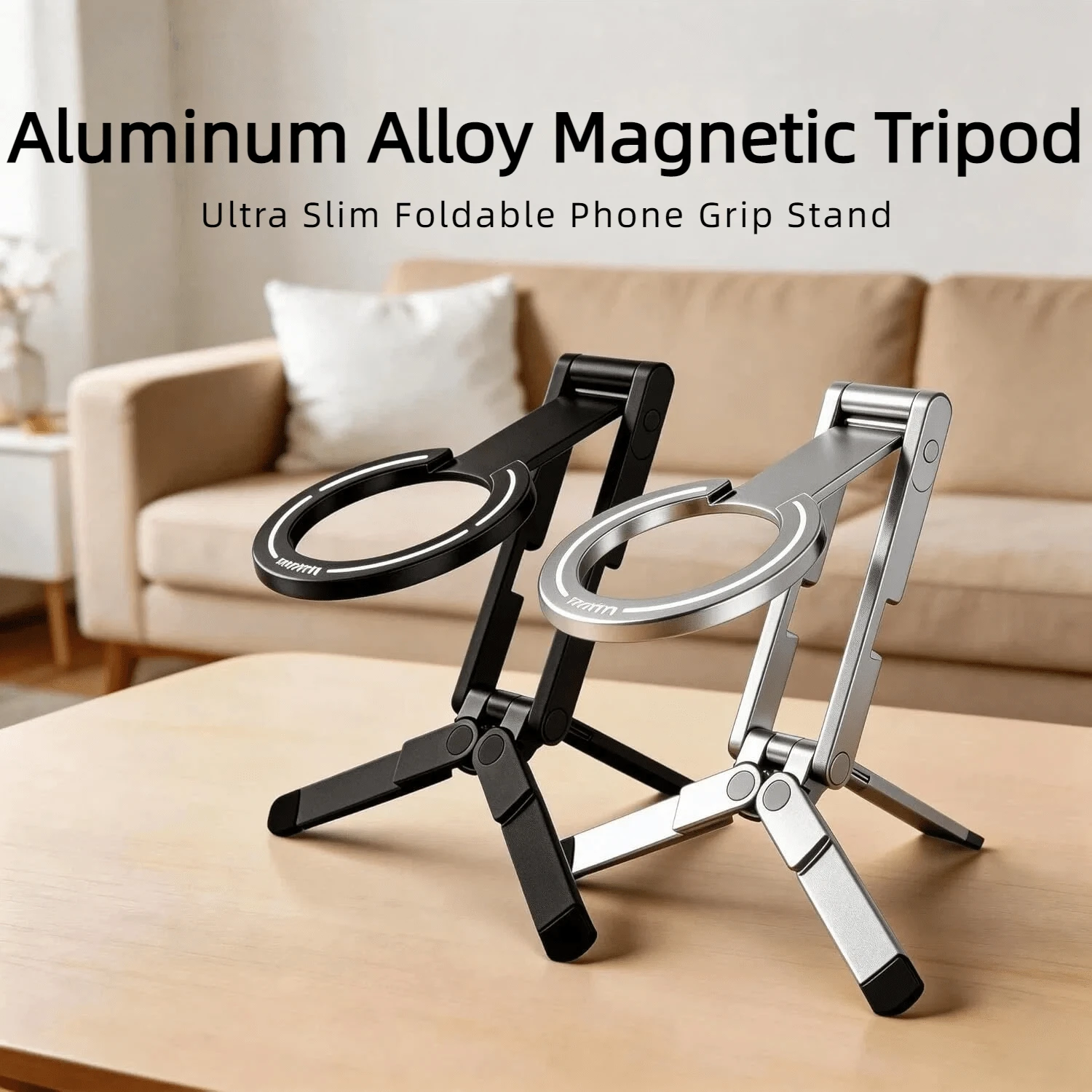 BISI Aluminum Alloy Magnetic Tripod, Multi-Function Desktop Folding Phone Stand, Ultra-Thin Foldable Phone Grip Holder, 8mm Thin Portable Pocket-Sized Desktop Stand, Suitable For Universal Smartphones