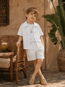 2pcs Back To School Boys Clothes Set: Floral Print Collar Pocket Short Sleeve Shirt And Matching Floral Bowknot Shorts, Summer Casual Outfit - White - View 9