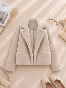 1pc Women Solid Color Stand Collar Fluffy Coat, Long Sleeve, Winter - Beige - View 1