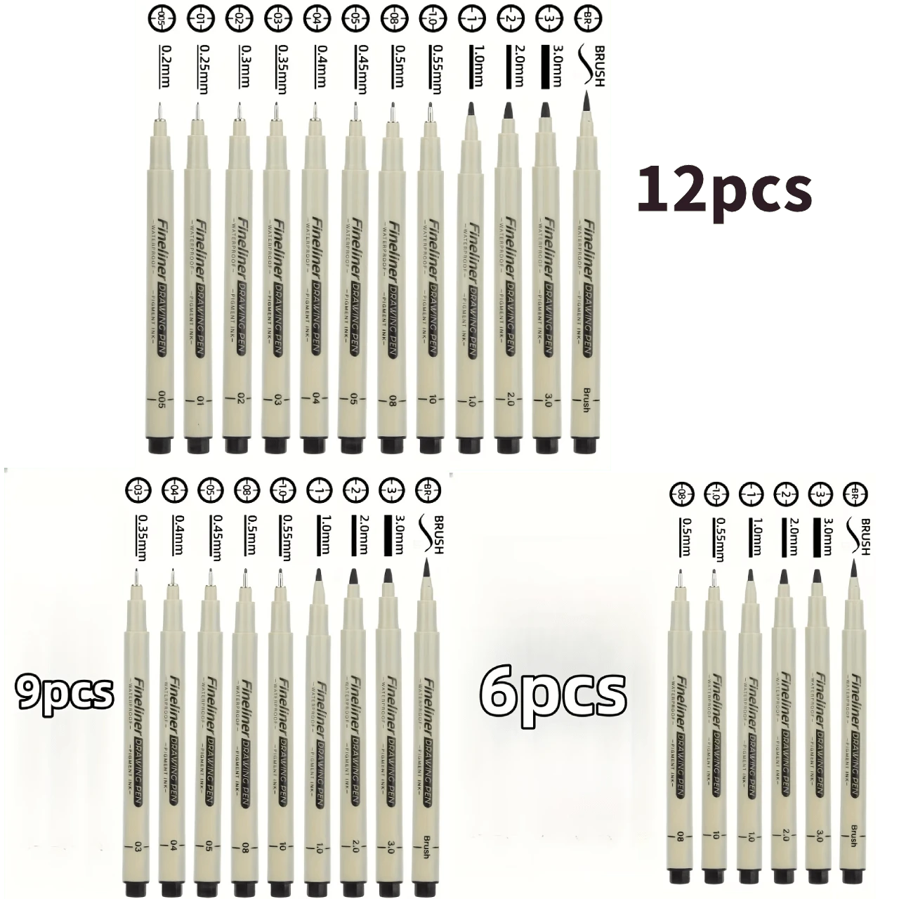 6pcs, 9pcs, 12pcs - Fine Line Waterproof Fineliner Pens - Black, Various Tip Sizes, Suitable For Detailed Sketching, Journaling, Outlining And Cartoon Animation, Smooth Flowers And Precision Artwork, Back To School - Sets - View 1