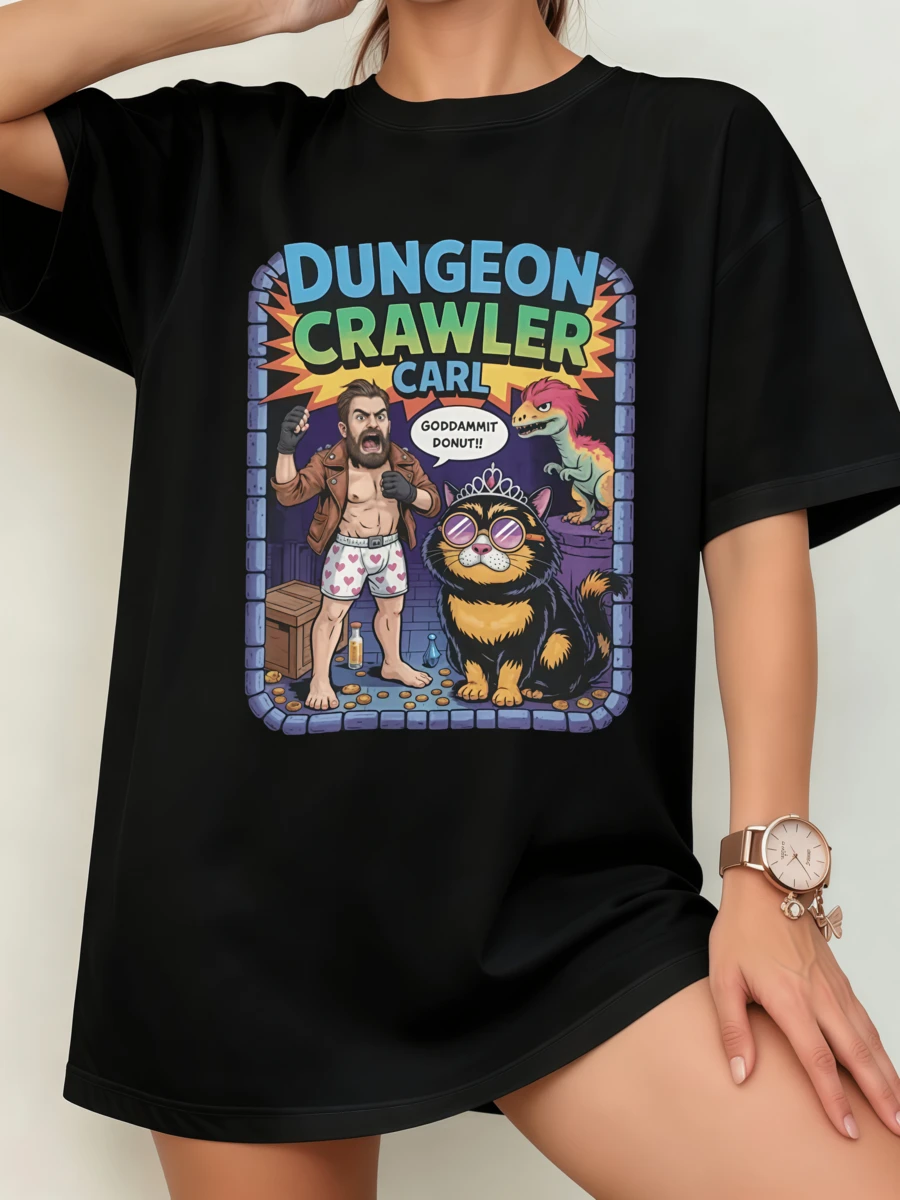 Black Unisex T-Shirt With Dungeon Crawler Carl Comic Design & "Goddammit Donut!!" Speech Bubble - Retro Gaming Fan Shirt - Black - View 1