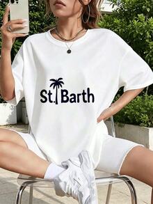 Women's Summer Loose Fit Crew Neck Short Sleeve T Shirt, St. Barth Palm Tree Print Premium Breathable Skin Friendly Casual Tee, 270g Anti Pilling No Fade Tshirt For Daily Wear Outdoor Sports, Perfect Holiday & Birthday Gift For Women - White - View 5
