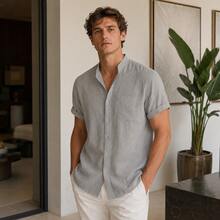 Mens Linen Button Up Shirt Casual Short Sleeve Collared Cardigan Breathable Solid Color Linen Summer Beach Vacation Relaxed Fit Lightweight Mens Resort Wear - Pink - View 4