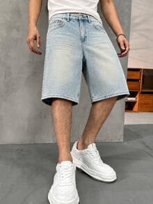 男士淺色水洗寬鬆大腿寬牛仔短褲 Jorts，復古膝長街頭風牛仔短褲，適合夏季 - 淺藍色 - 查看 5