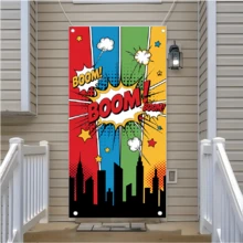 1pc Pop Art Superhero Theme Door Banner, Comic Style BOOM Explosion Effect, City Silhouette Design, Suitable For Superhero Theme Parties, Comic Theme Events, Birthday Parties, Room Decorations, Door Decorations And Backgrounds. - A - View 6