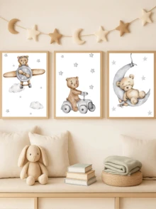 3件/套帆布裝飾畫 幼兒房牆面裝飾，泰迪熊幼兒房壁畫套裝，小熊幻想冒險場景（飛機上的飛行員、月亮上的睡熊、開車的小熊），點綴星空與雲朵圖案，中性風格兒童房裝飾，裝裱好可直接掛牆藝術版畫，適用於幼兒臥室、幼兒房、遊戲室藝廊牆、閱讀區、托兒所牆面裝飾和居家學習空間。亦是理想的嬰兒洗禮禮物，適合作為兒童生日禮物 - 彩色 - 查看 1