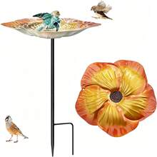 Metal Standing Bird Bath With Ground Stakes, Floral Design, Large Capacity, Frost-Proof Outdoor Garden Bird Water Bath & Feeder - 1 Set - View 7