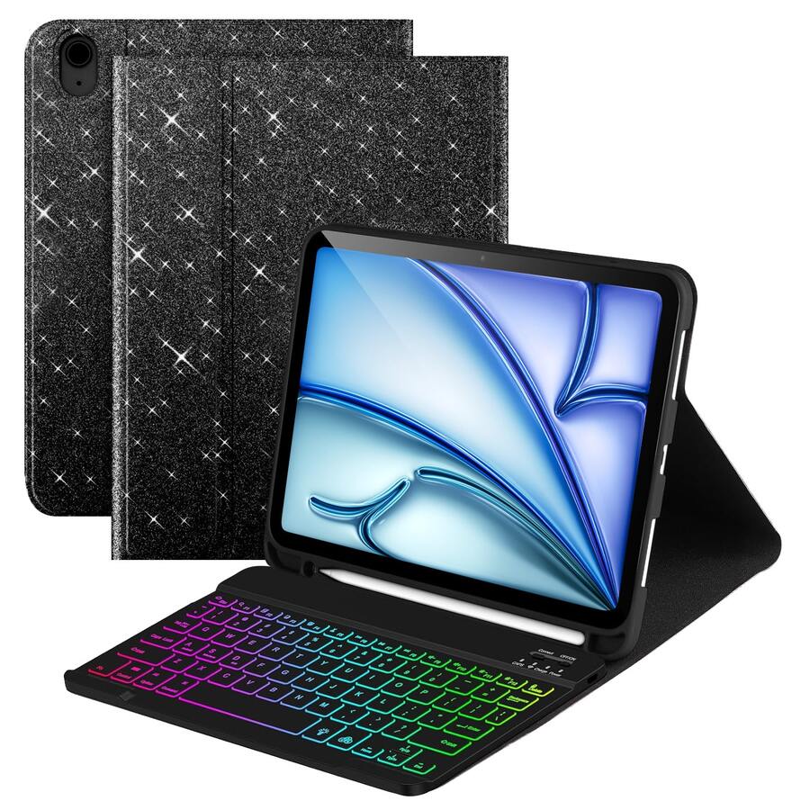 適用於 Galaxy Tab / / Pad Se 的鍵盤保護殼，可拆卸式彩色背光藍牙鍵盤，輕巧纖薄支架保護套附筆槽（不含筆） - 黑色 - 查看 1