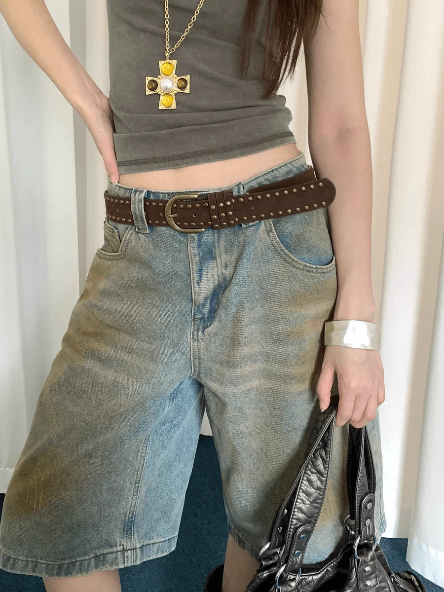 1件美式時尚休閒鉚釘極簡百搭女款PU皮革腰帶