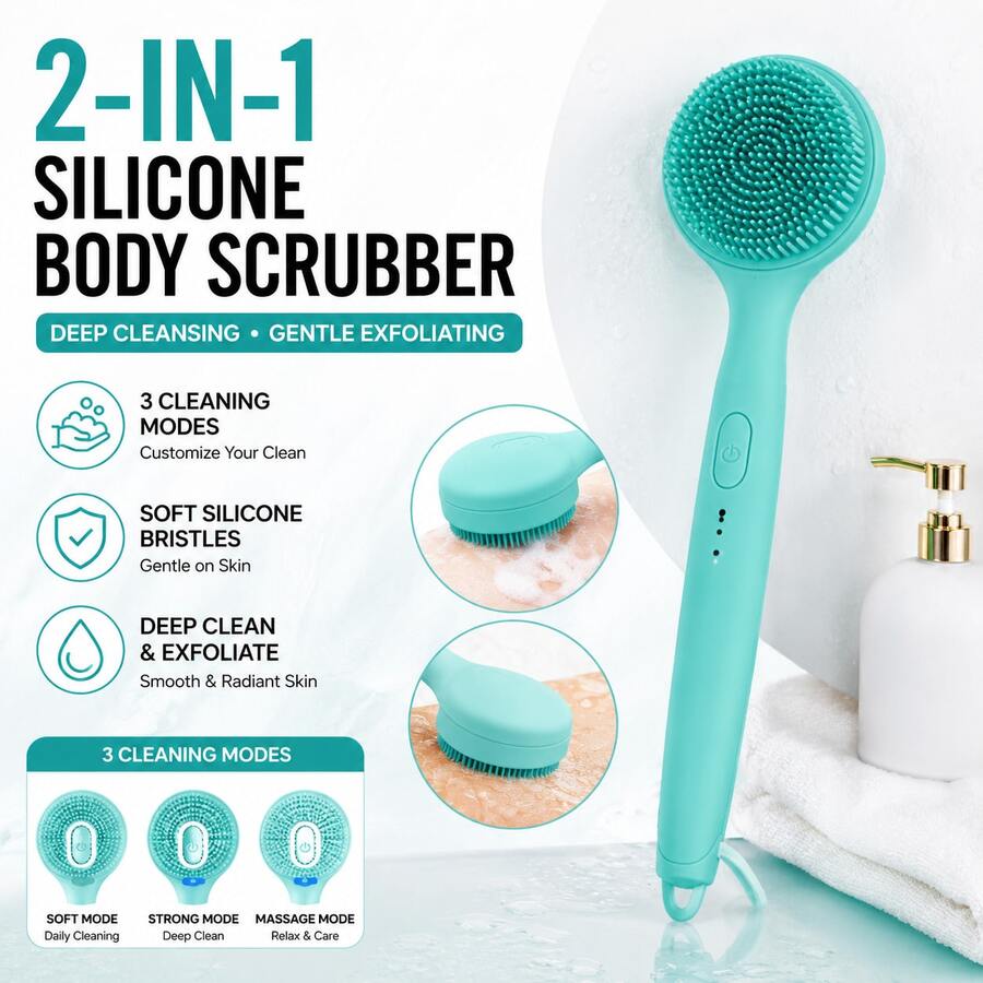 2-In-1 Silicone Body Scrubber – Portable Deep Exfoliating Bath Brush With 3 Cleaning Modes For Shower, Spa & Daily Skincare - Green - View 1