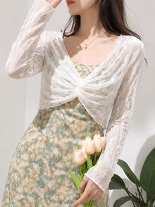 女款蕾絲短版罩衫，長袖扭結透視開襟衫，夏季防曬透視罩衫，休閒短版波羅外套搭配洋裝 - 彩色 - 查看 3