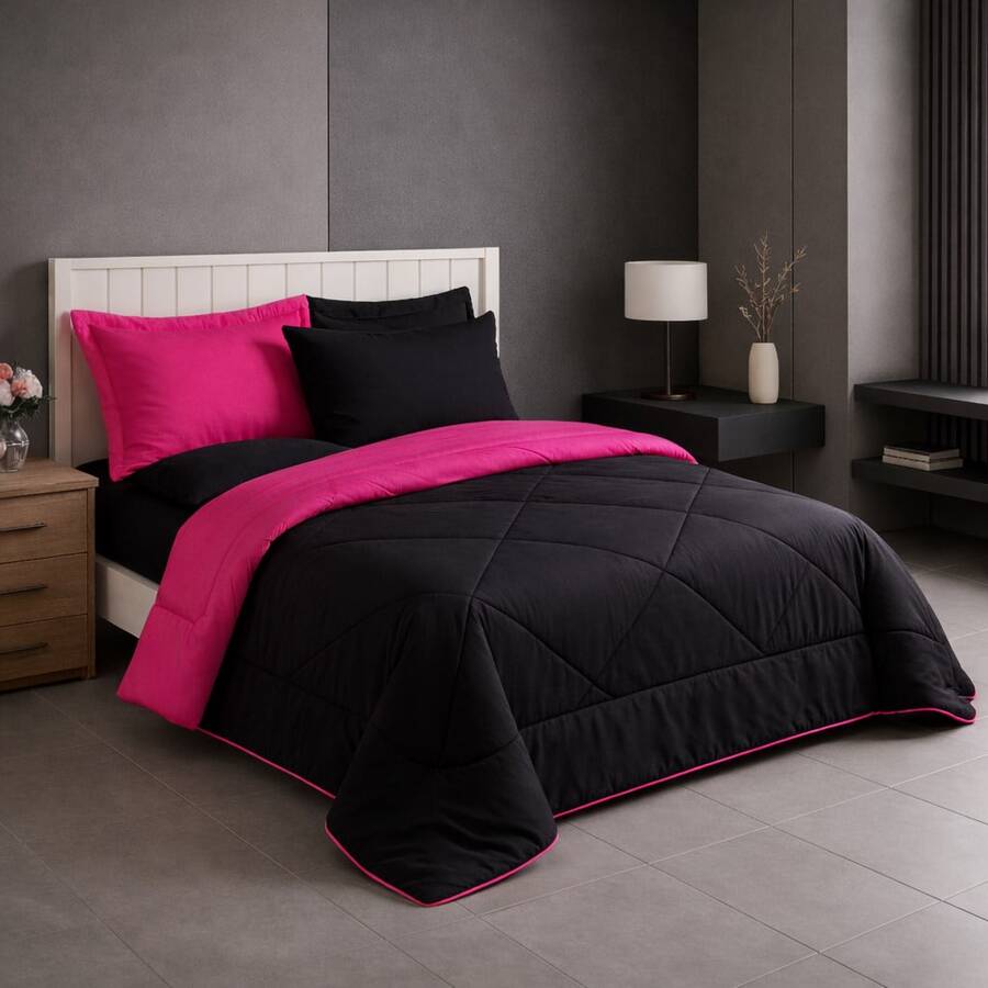 Ternura Queen Double-Sided Comforter (Single Size) Plain - Pink With Black - View 1