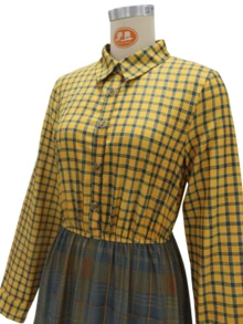 Women's Plaid  Maxi Dress  Yellow Green Checkered Long Sleeve Shirt & Tiered Maxi Skirt, Boho Western Casual Outfit With Belt - 黃色 - 查看 2