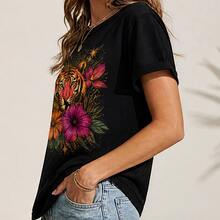 Playera mujer estampado tigre tropical, camiseta dama manga corta cuello redondo, blusa casual femenina con gráfico animal print moderno, moda 2026, top juvenil aesthetic para outfit urbano, ropa de mujer cómoda para verano, playera llamativa para regalo, look streetwear, fiesta, vacaciones, festival, camiseta de moda para chicas y señoras - Negro - Ver 2