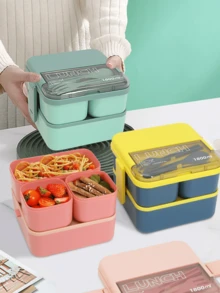 4pcs/1 pieza Caja Bento Estilo Macaron Minimalista de unicolor (Opcional Juego de 4pcs o Paquete Individual) - Hecha de Material PP, Incluye Juego de Tenedor y Cuchara Integrados, Apta para Microondas, Refrigerador, Congelador y Lavavajillas - Multicolor - Ver 6