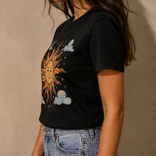 Playera para mujer con estampado de sol, camiseta dama manga corta cuello redondo, blusa casual juvenil, ropa cómoda para primavera verano, playera gráfica para mujer, camiseta con diseño celestial, top femenino para outfit relajado, blusa para jeans falda short, regalo original para mujeres, tallas varias, estilo vintage colorido para uso diario y vacaciones - Negro - Ver 2