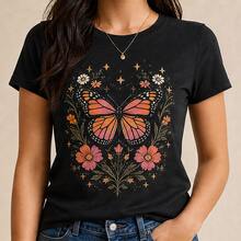 Playera para mujer estampada mariposa monarca estilo boho vintage, camiseta de dama manga corta cuello redondo, blusa casual femenina juvenil aesthetic para outfit diario, moda mexicana 2026, top cómodo para verano primavera, ropa de mujer con gráfico floral, playera bonita para regalo, look casual, streetwear, festival, vacaciones, talla chica mediana grande - Negro - Ver 1