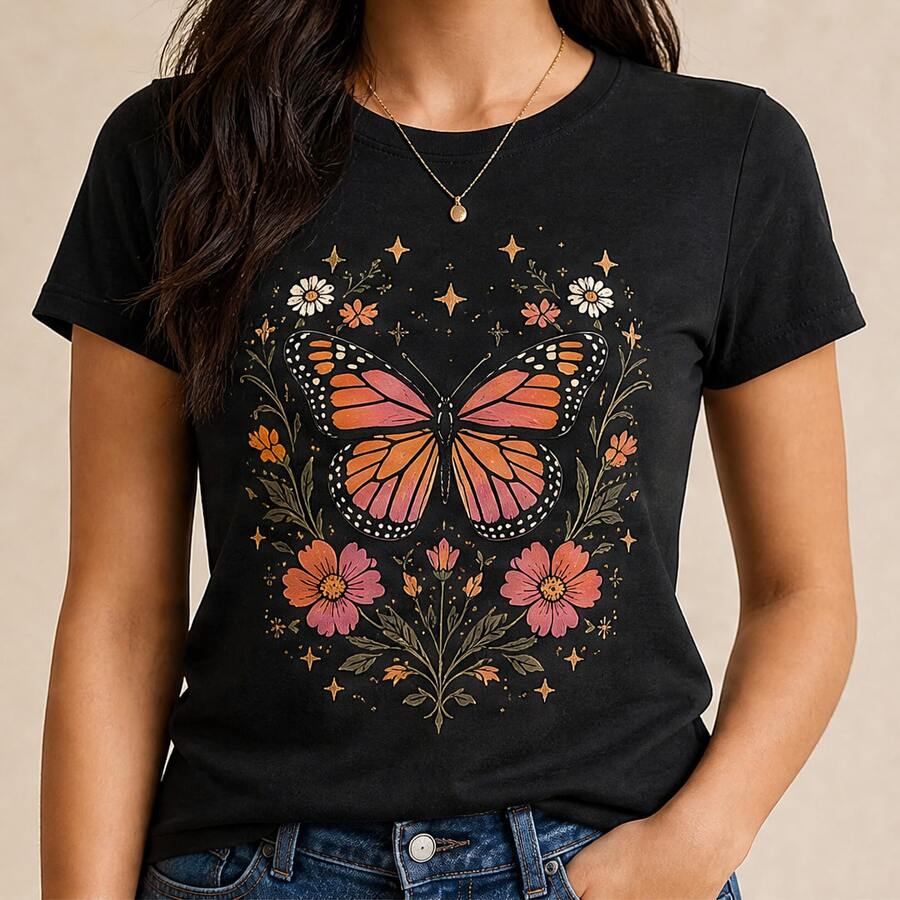 Playera para mujer estampada mariposa monarca estilo boho vintage, camiseta de dama manga corta cuello redondo, blusa casual femenina juvenil aesthetic para outfit diario, moda mexicana 2026, top cómodo para verano primavera, ropa de mujer con gráfico floral, playera bonita para regalo, look casual, streetwear, festival, vacaciones, talla chica mediana grande - Negro - Ver 1