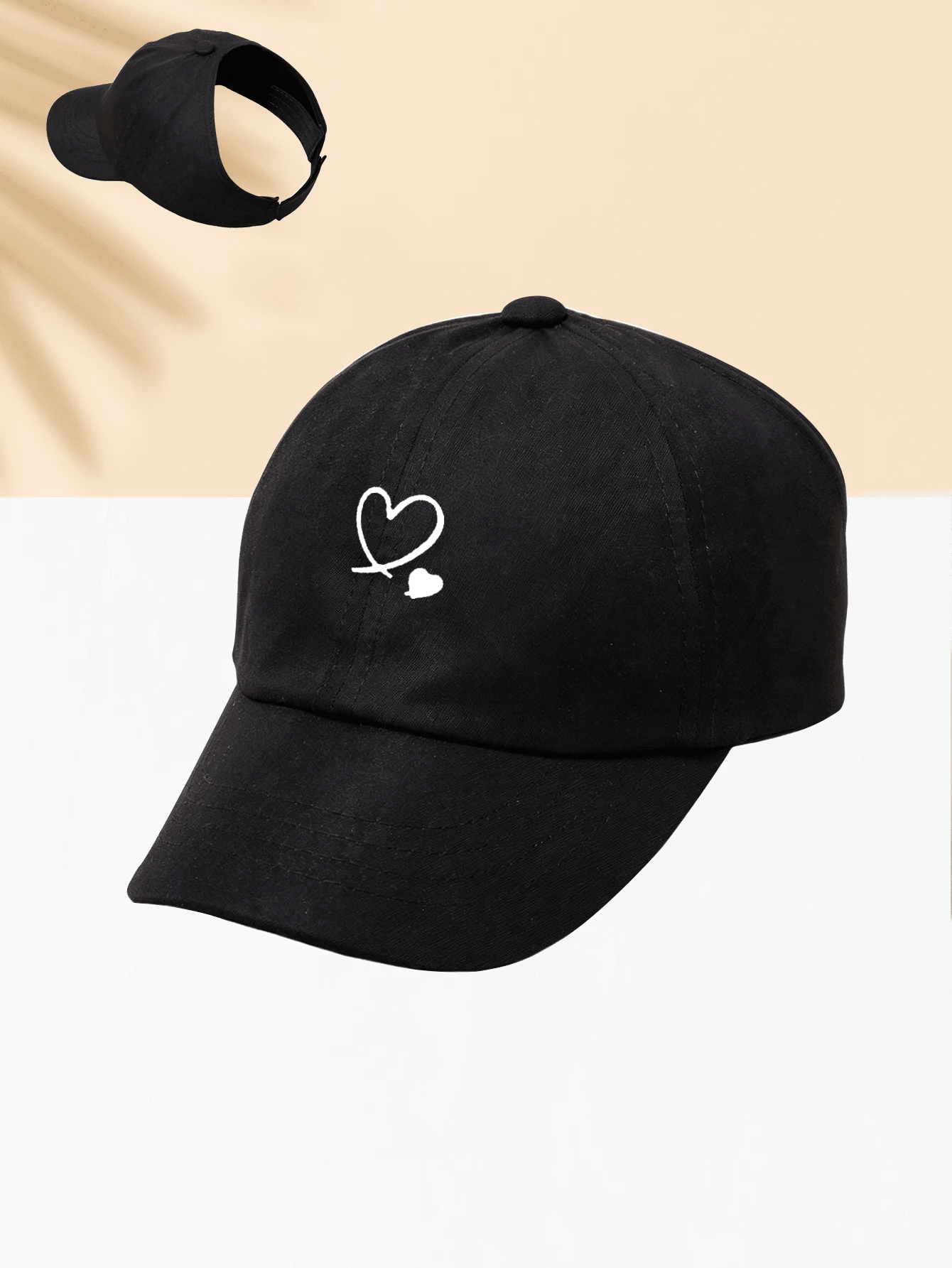 1pc White Baseball Cap With Two Hearts, Outdoor Sun Hat, Baseball Cap, Unisex, Essential For Going Out - Black - View 1