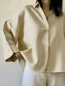 Women's Polyester Striped Drop Shoulder Long Sleeve Collared Shirt, Front Button Design, Regular Length, Non-Stretch Fabric Top - Yellow Apricot - View 3