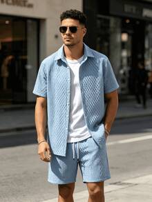 Men's Short-Sleeved Shirt And Jacquard Knit Shorts Set, Crafted In A Relaxed Vacation Style. Perfect For Beach Getaways In Hawaii, Carnivals, And Everyday Wear. An Excellent Gift For Your Boyfriend Or Husband, Offering Comfortable Style. - 藍色 - 查看 2