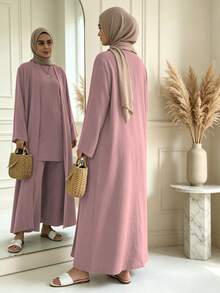 3 Pieces Modest Clothing Set Including Long Abaya, Sleeveless Short Tank Top And Matching Trousers - Multicolor - View 17
