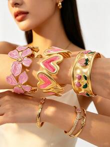 3PCS Minimalist Fashion Vintage Elegant Gentle Style Oil Drip Asymmetrical Four-Leaf Clover/Cherry Strawberry/Heart Bracelet Set Stainless Steel Women's Bracelet Suitable For Women's Daily Wear/Party/Evening Banquet/Afternoon Tea/Holiday Gift For Friends - Yellow Gold - View 6