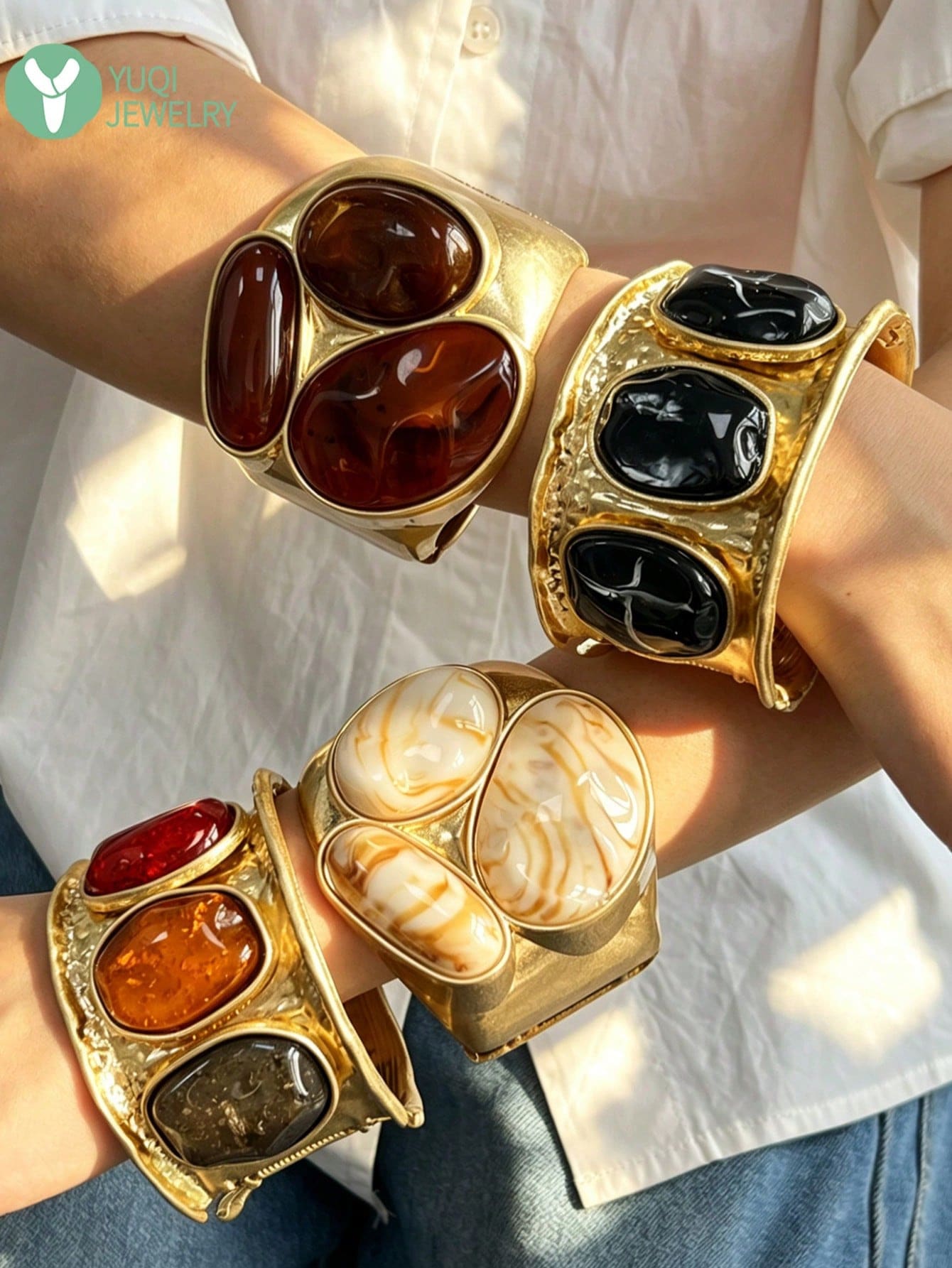 European And American Retro Style Exaggerated Resin Gemstone Wide Open Cuff Bracelet, Vintage Distressed Gold Asymmetrical Tie Dye Stone Texture Bangle - Multicolor B - View 1