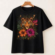Playera mujer estampado tigre tropical, camiseta dama manga corta cuello redondo, blusa casual femenina con gráfico animal print moderno, moda 2026, top juvenil aesthetic para outfit urbano, ropa de mujer cómoda para verano, playera llamativa para regalo, look streetwear, fiesta, vacaciones, festival, camiseta de moda para chicas y señoras - Negro - Ver 4