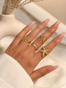 4pcs/Set Juego de Anillos Estilo Punk Vintage con Estrella de Mar para Mujeres, Anillos de Lujo Multicapa de Metal, Joyería de Uso Diario en la Playa - Amarillo Oro - Ver 7
