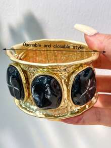 European And American Retro Style Exaggerated Resin Gemstone Wide Open Cuff Bracelet, Vintage Distressed Gold Asymmetrical Tie Dye Stone Texture Bangle - Multicolor B - View 8