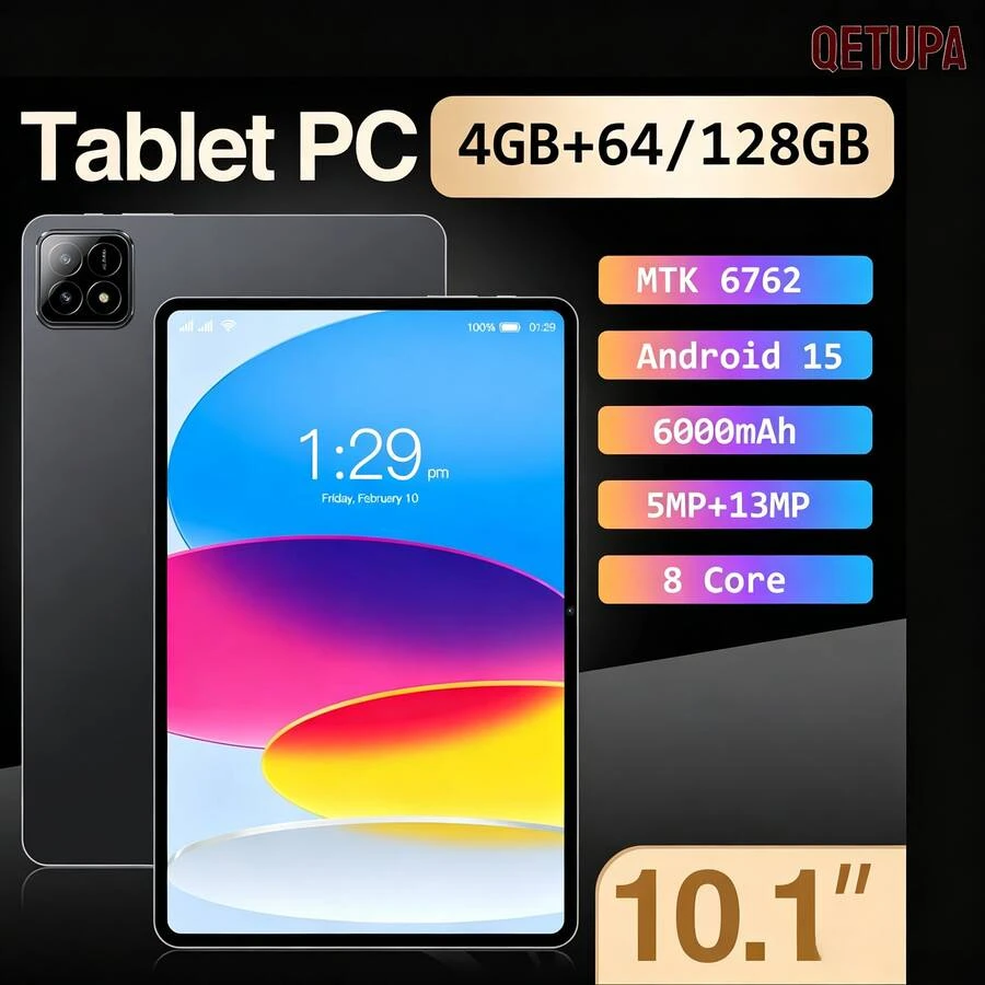 Qetupa 10.1英寸平板电脑,4GB+64/128GB,8GB+256GB,Android 15系统,MTK6762八核2.0GHz处理器,高清(1280x800)触摸屏,5MP+13MP双摄像头,6000mAh电池,支持512GB扩展,无SIM卡槽,适合作为礼物(不含适配器) - 黑色 - 查看 1