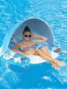 Inflatable Floating Lounger With Canopy, Leaf Print Floating Chair With Cup Holder, Foldable Thick PVC Pool Float, Durable And Waterproof, Ergonomic Design For Comfortable Lounging, Suitable For Pool, Beach And Vacation - Floating Rafts - View 13