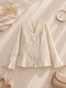 Textured Tie Dye Fabric Flare Sleeve V-Neck Top - Apricot - View 1