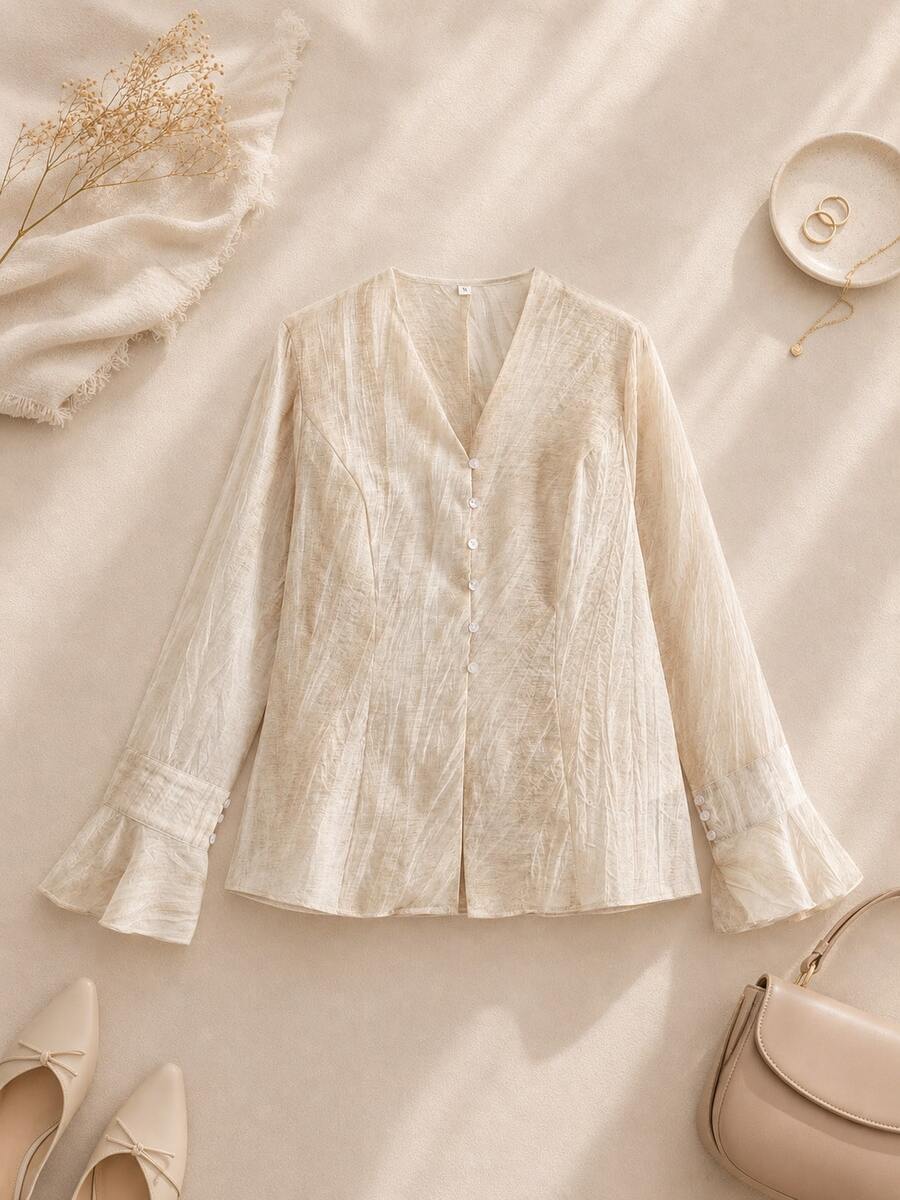 Textured Tie Dye Fabric Flare Sleeve V-Neck Top - Apricot - View 1