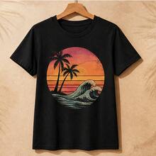 Playera para mujer con estampado vintage de atardecer, olas y palmeras, camiseta femenina manga corta cuello redondo, blusa casual para playa y verano, playera gráfica mujer 2026, ropa aesthetic retro, camiseta oversize dama, top cómodo juvenil, outfit vacaciones, moda mujer México, playera fresca casual, blusa de moda para dama, look playero tropical - Negro - Ver 4