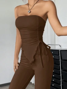 Conjunto de 2 piezas con top camisero asimétrico fruncido color marrón mousse y pantalones acampanados, para primavera/verano - Marrón - Ver 4