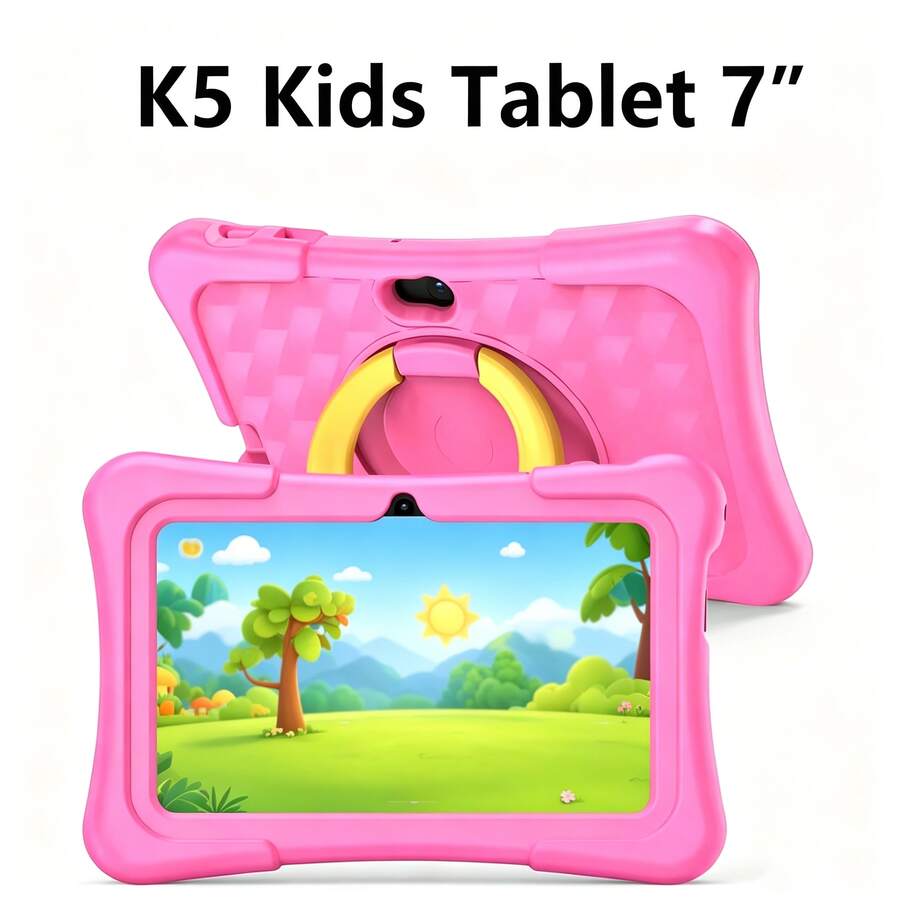 Qetupa Tableta para niños de 7 pulgadas, Android 13, 3GB RAM+64GB ROM, WiFi 2.4G, cámaras duales 2MP+5MP, incluye control parental y software educativo, funda protectora a prueba de golpes - Rosa - Ver 1