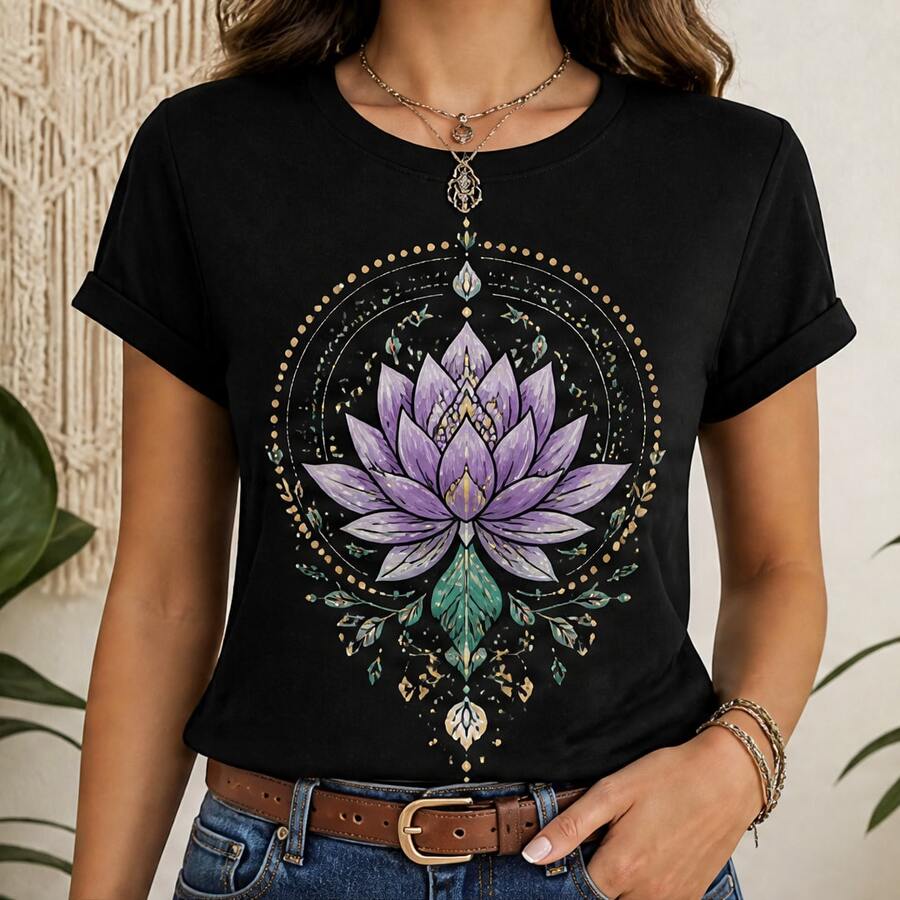 Playera para mujer con estampado de flor de loto y mandala, camiseta dama manga corta cuello redondo, blusa casual femenina, ropa cómoda para yoga meditación descanso y uso diario, playera gráfica juvenil, top con diseño espiritual suave, camiseta fresca para outfit relajado, blusa para leggings jeans o pantalón amplio, regalo para mujer, tallas varias, diseño armonioso color lavanda - Negro - Ver 1