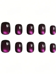 30pcs Cat Eye Detachable Nail Stickers, Elegant And Sophisticated, Red And Purple Gradient, Minimalist High-End Solid Color Fake Nails, Suitable For Women's Daily Wear, Parties And Holidays - Purple - View 3