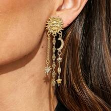 Mydear 1 par de pendientes con colgante de cara humana, sol, estrella y luna de aleación con borlas exageradas y personalizadas, adecuados para uso diario y de fiesta de mujeres - borla - Ver 10